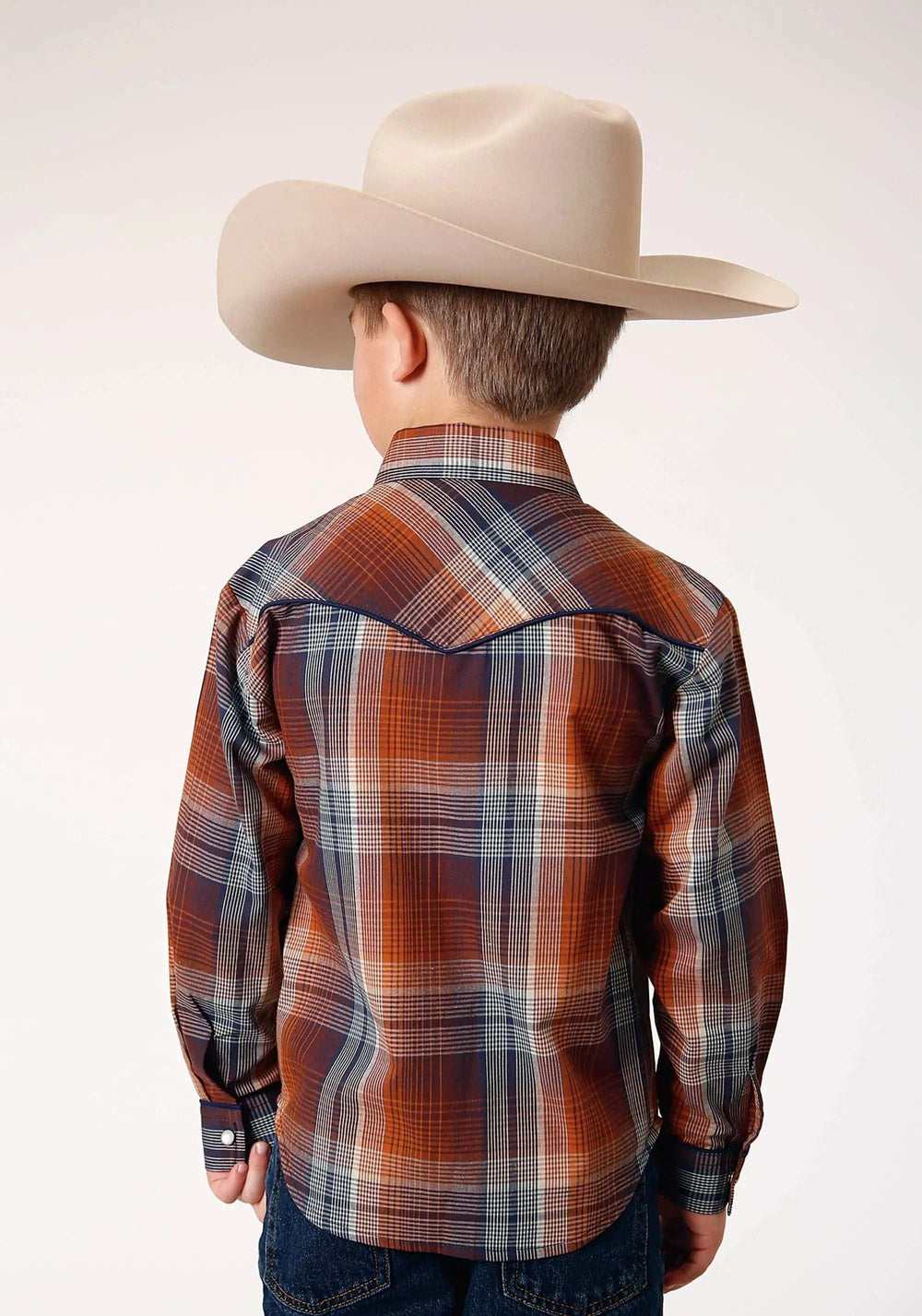Roper Boys Long Sleeve Snap Brown Navy Cream Plaid Western Shirt With Piping And Embroidery On Yokes - Roper - Flyclothing LLC