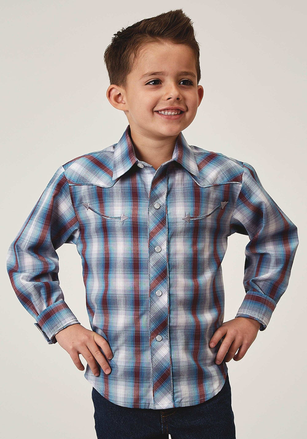 Roper Boys Long Sleeve Snap Americana Plaid Western Shirt With Embroidery On Back Yokes Smile Pockets - Roper - Flyclothing LLC