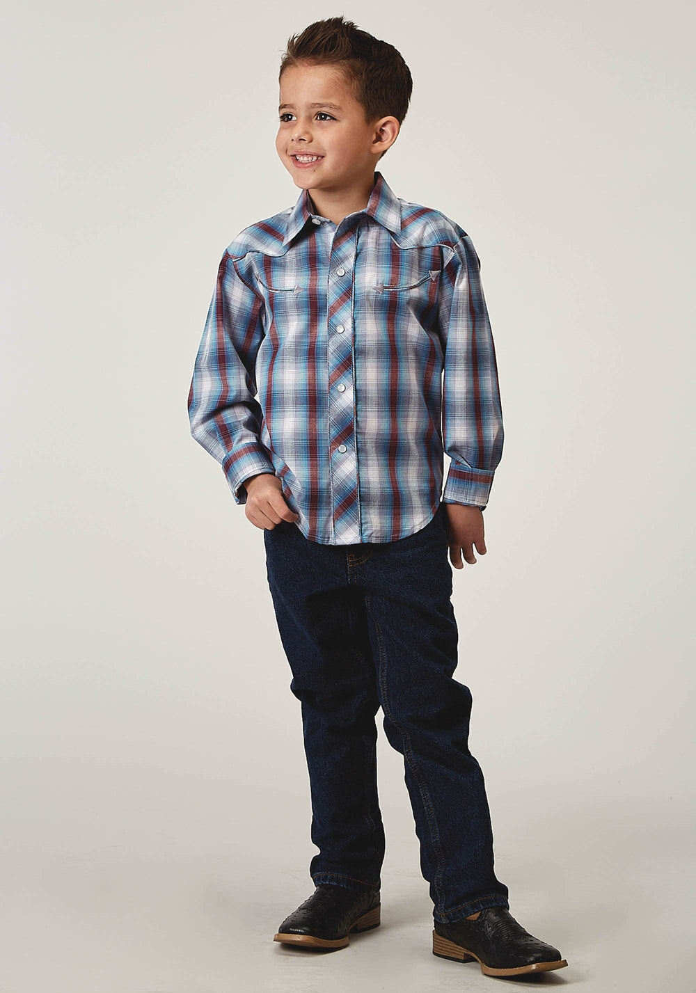 Roper Boys Long Sleeve Snap Americana Plaid Western Shirt With Embroidery On Back Yokes Smile Pockets - Roper - Flyclothing LLC