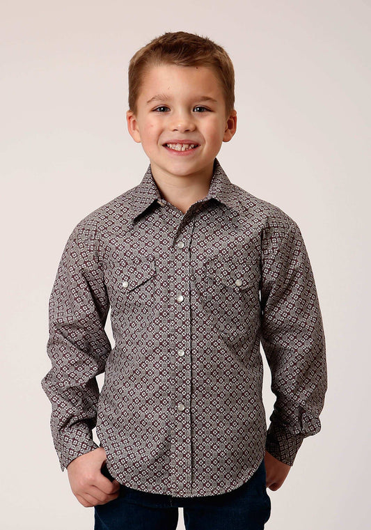 Roper Boys Long Sleeve Snap Wine Taupe Retro Print Western Shirt - Roper - Flyclothing LLC