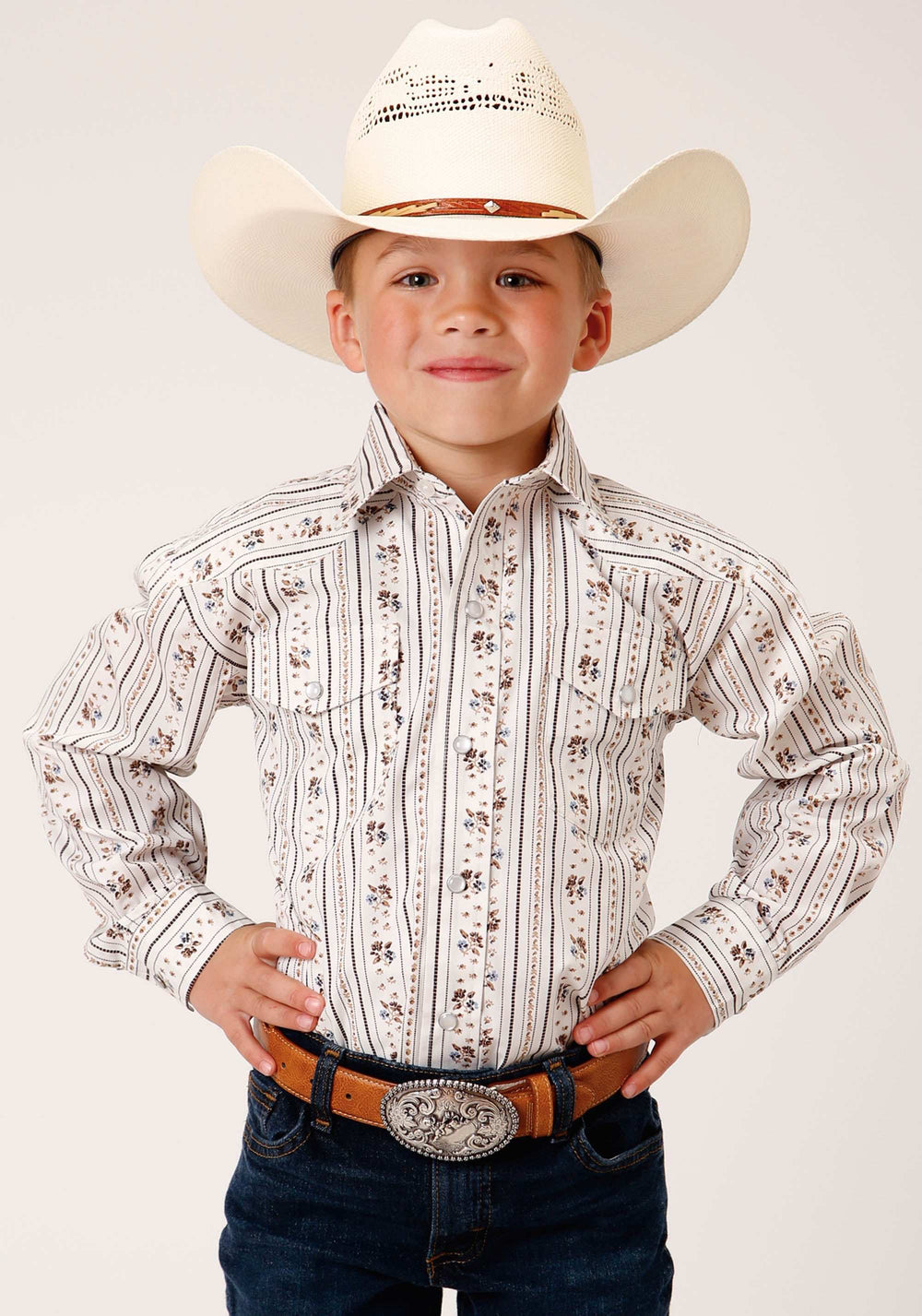 Roper Boys Long Sleeve Snap Brown And Blue Wallpaper Stripe Western Shirt - Roper - Flyclothing LLC