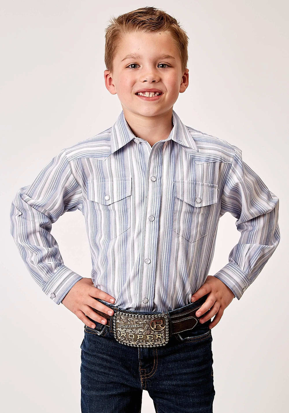 Roper Boys Long Sleeve Snap Blue Stripe Western Shirt - Roper - Flyclothing LLC