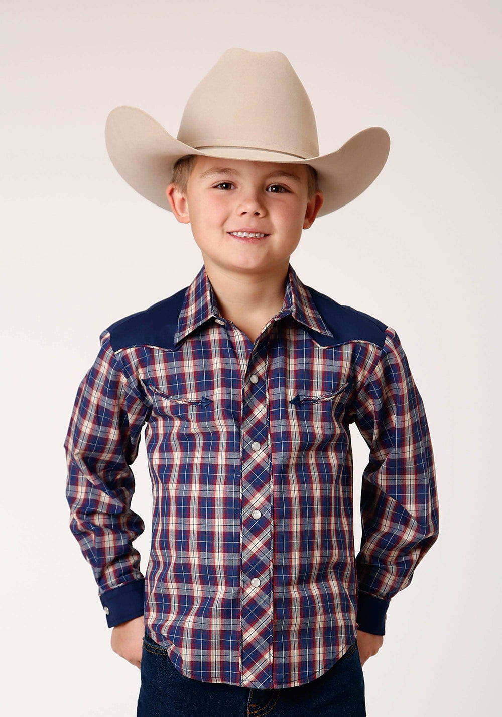 Roper Boys Long Sleeve Snap Navy Red Cream Plaid Western Shirt With Solid Yokes And Smile Pockets - Roper - Flyclothing LLC