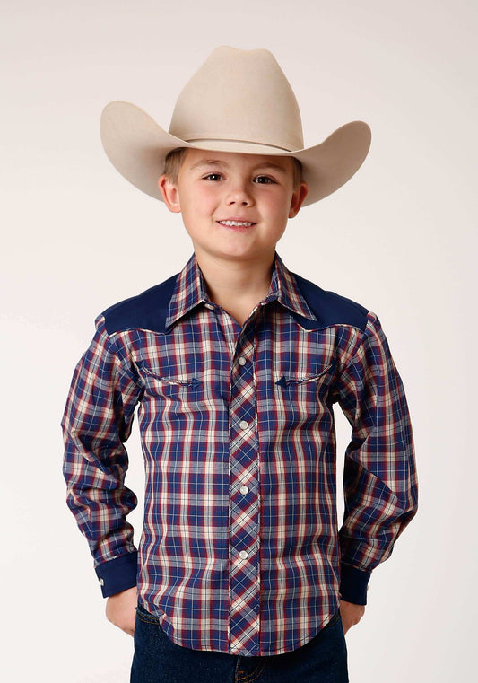 Roper Boys Long Sleeve Snap Navy Red Cream Plaid Western Shirt With Solid Yokes And Smile Pockets - Roper - Flyclothing LLC