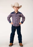 Roper Boys Long Sleeve Snap Navy Red Cream Plaid Western Shirt With Solid Yokes And Smile Pockets - Roper - Flyclothing LLC