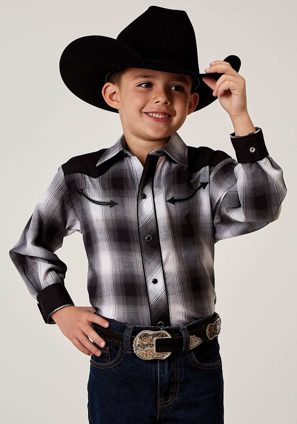 Roper Boys Long Sleeve Snap Black And White Plaid Western Shirt With Piping Solid Yokes Smile Pockets - Roper - Flyclothing LLC