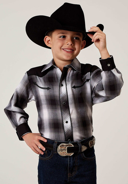 Roper Boys Long Sleeve Snap Black And White Plaid Western Shirt With Piping Solid Yokes Smile Pockets - Roper - Flyclothing LLC