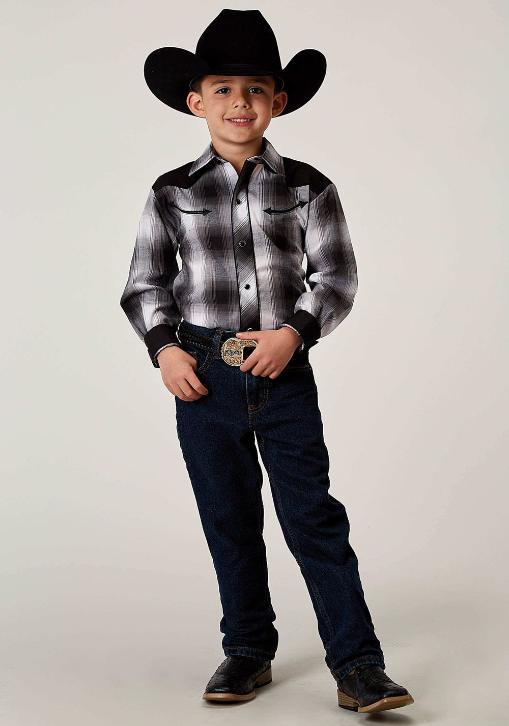 Roper Boys Long Sleeve Snap Black And White Plaid Western Shirt With Piping Solid Yokes Smile Pockets - Roper - Flyclothing LLC