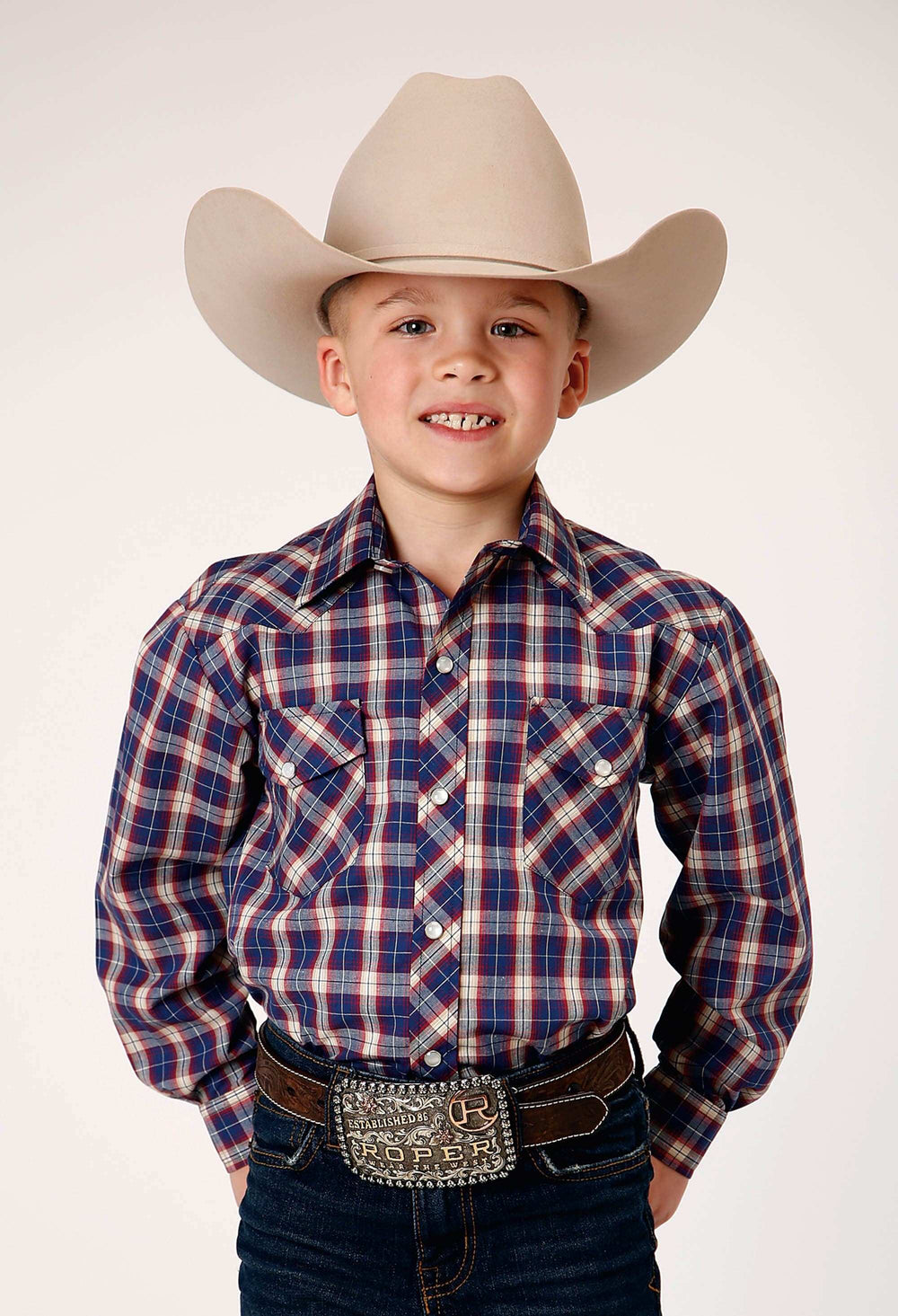 Roper Boys Long Sleeve Snap Navy Red Cream Windowpane Plaid Western Shirt - Roper - Flyclothing LLC