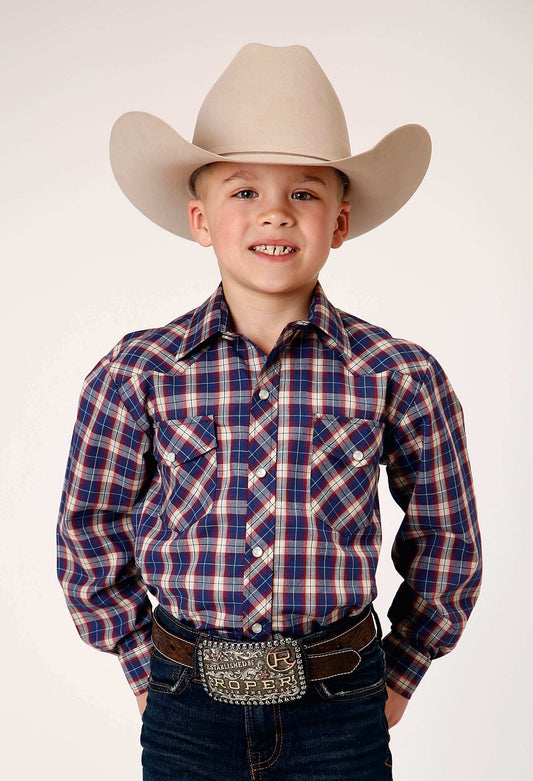 Roper Boys Long Sleeve Snap Navy Red Cream Windowpane Plaid Western Shirt - Roper - Flyclothing LLC