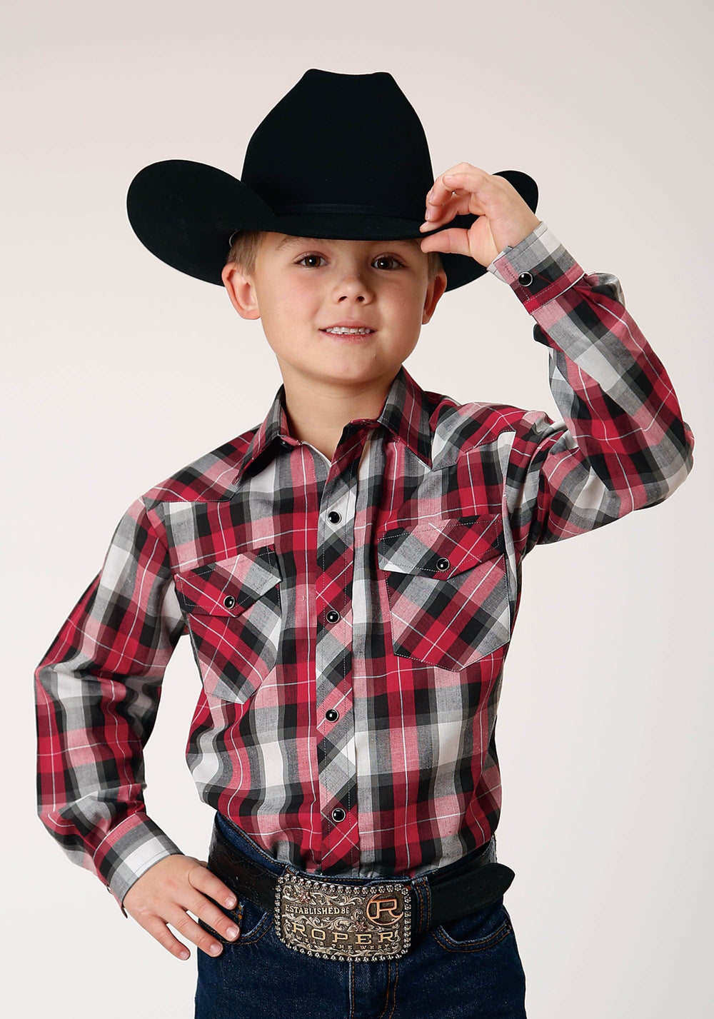 Roper Boys Long Sleeve Snap Red Black Grey Plaid Western Shirt - Roper - Flyclothing LLC