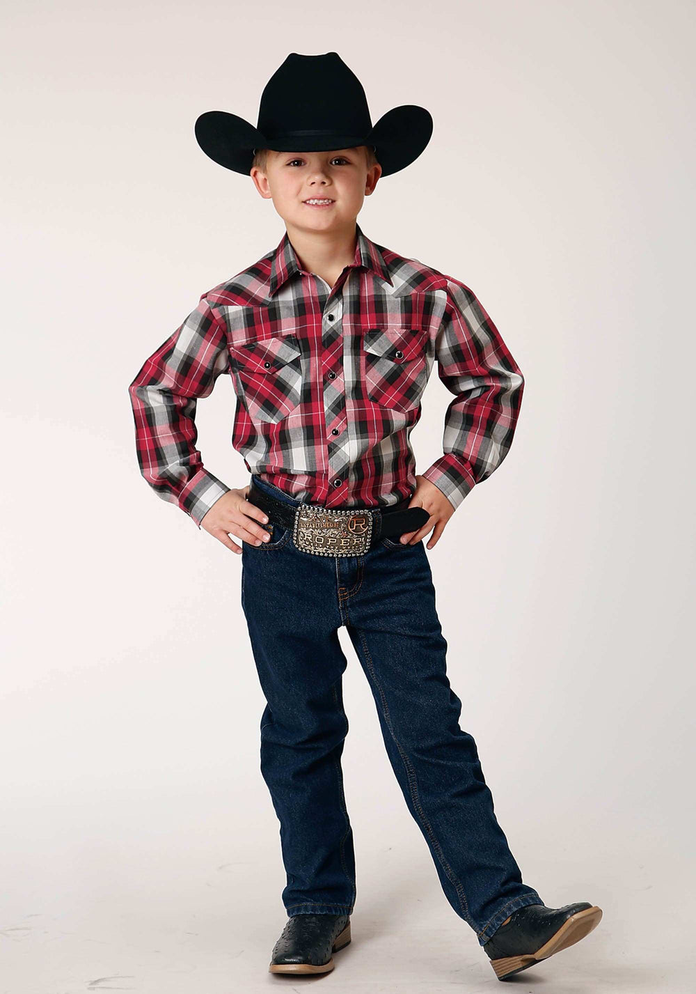 Roper Boys Long Sleeve Snap Red Black Grey Plaid Western Shirt - Roper - Flyclothing LLC
