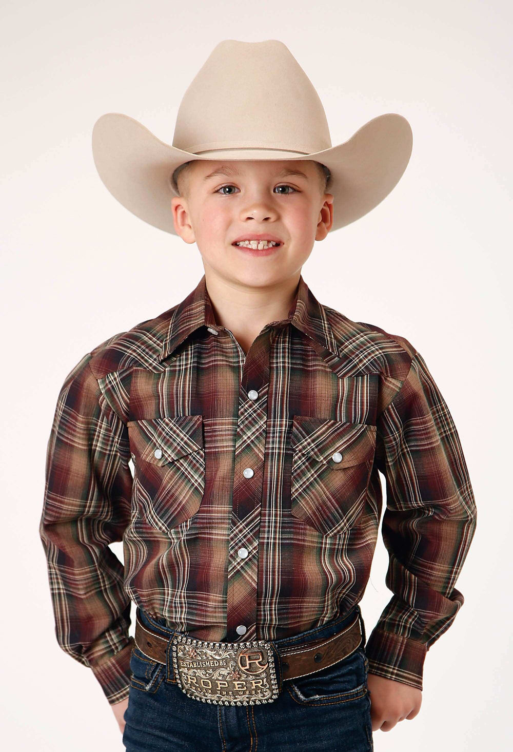 Roper Boys Long Sleeve Snap Multi Brown Black Green Plaid Western Shirt - Roper - Flyclothing LLC