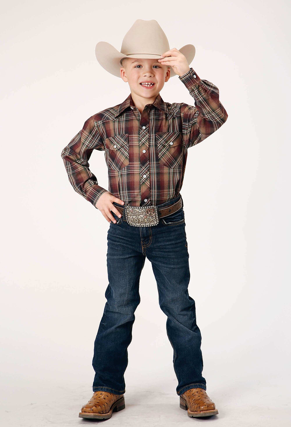Roper Boys Long Sleeve Snap Multi Brown Black Green Plaid Western Shirt - Roper - Flyclothing LLC