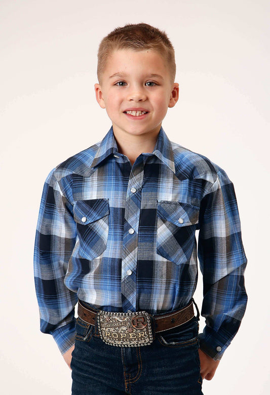 Roper Boys Long Sleeve Snap Blue Black White Plaid Western Shirt - Roper - Flyclothing LLC
