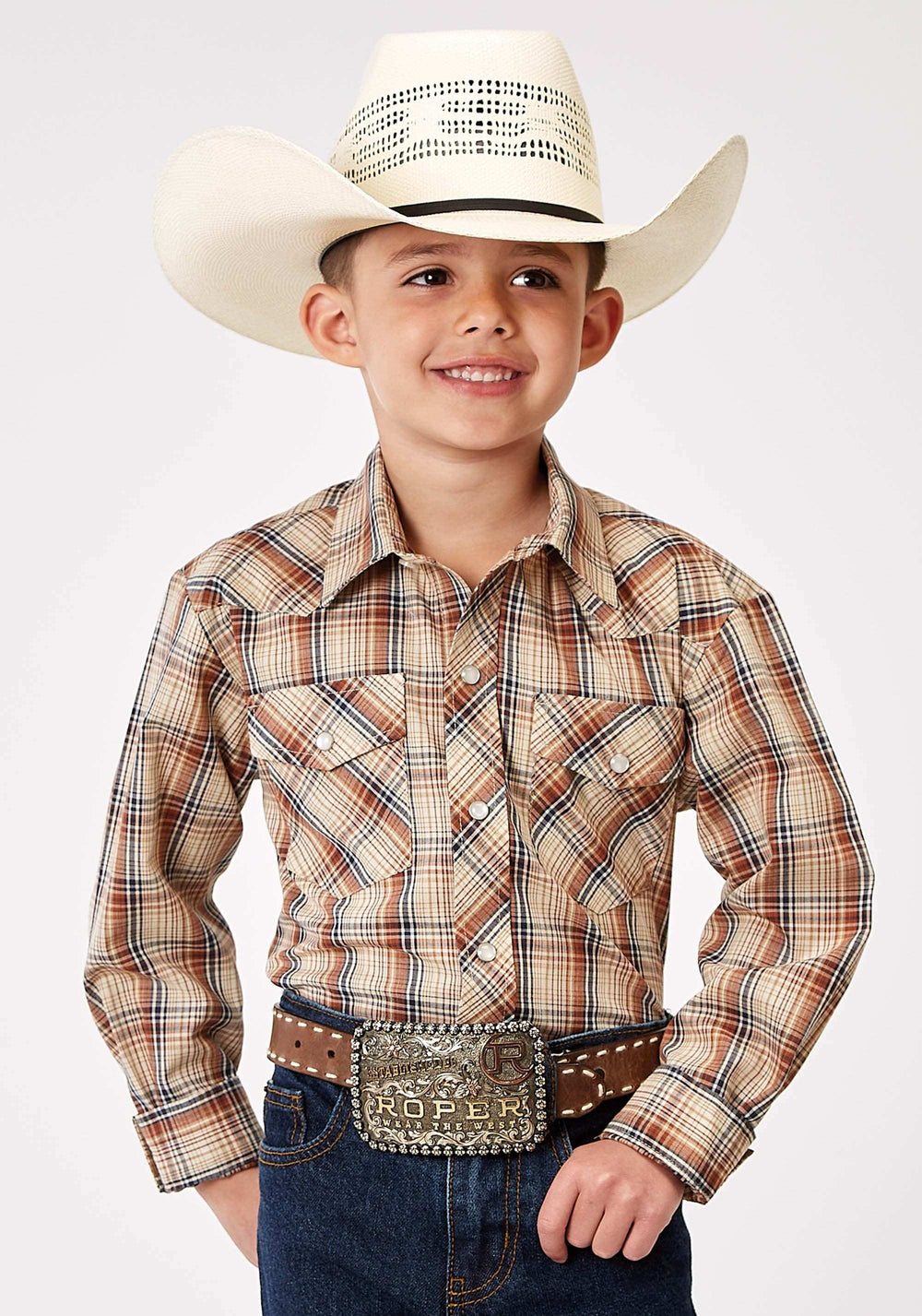 Roper Boys Long Sleeve Snap Brown Plaid Western Shirt - Roper - Flyclothing LLC
