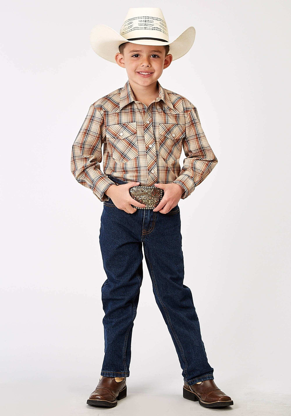 Roper Boys Long Sleeve Snap Brown Plaid Western Shirt - Roper - Flyclothing LLC