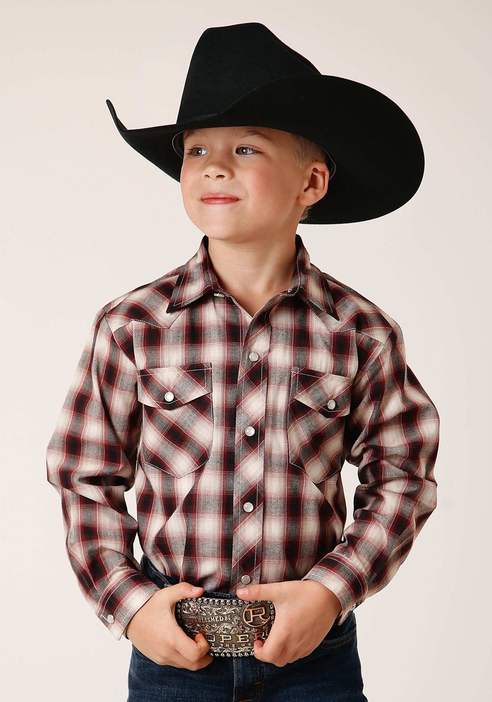 Roper Boys Long Sleeve Snap Wine Black Cream Plaid Western Shirt - Roper - Flyclothing LLC