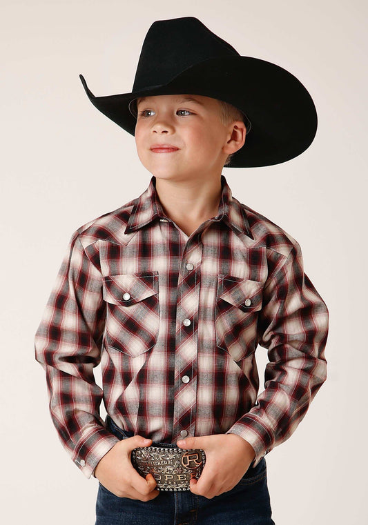 Roper Boys Long Sleeve Snap Wine Black Cream Plaid Western Shirt - Roper - Flyclothing LLC