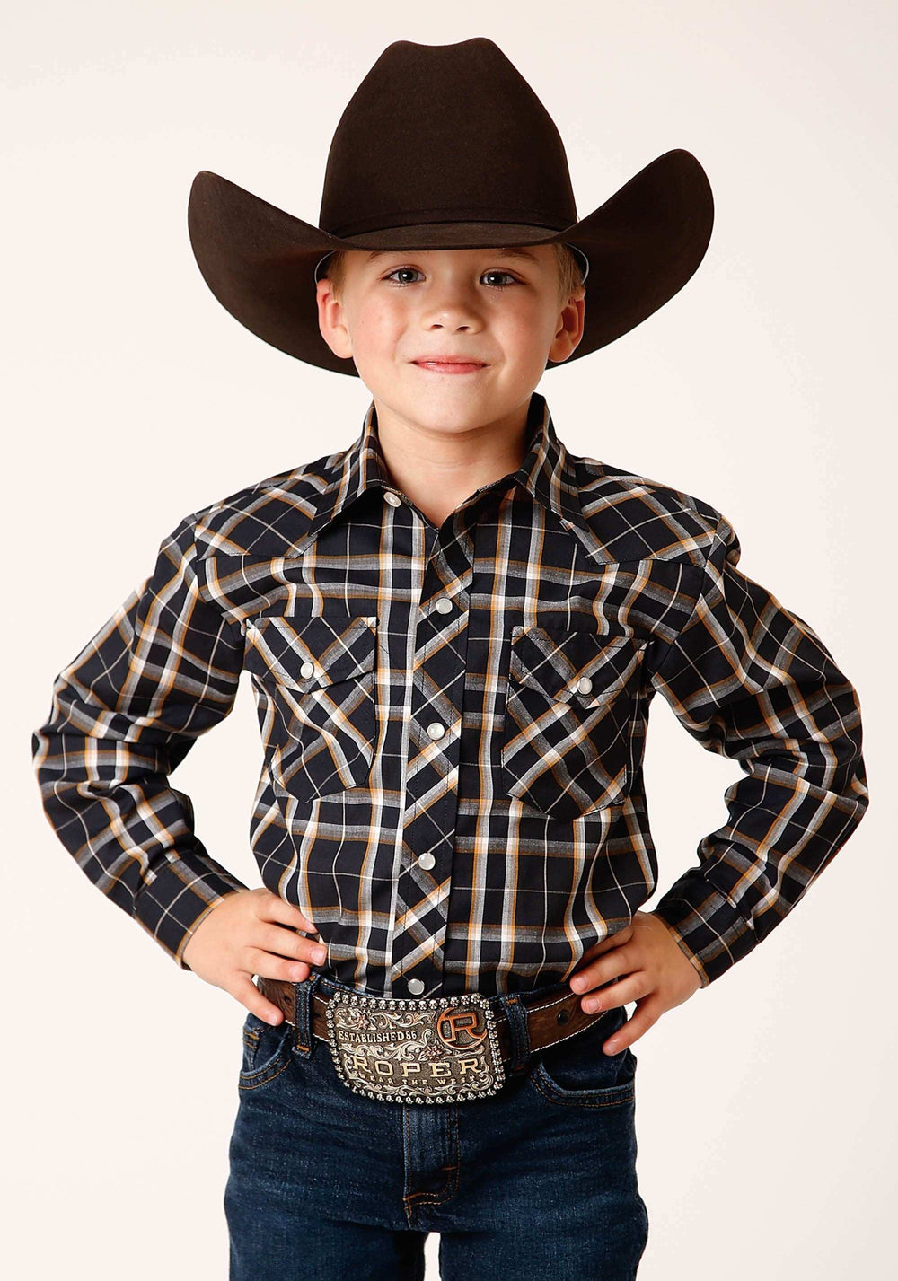 Roper Boys Long Sleeve Snap Navy Cream Gold Plaid Western Shirt - Roper - Flyclothing LLC