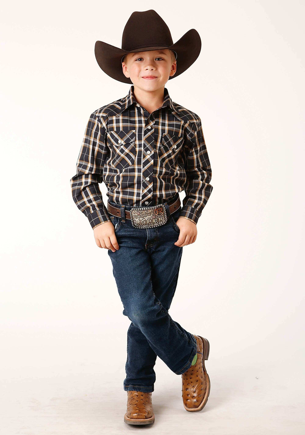 Roper Boys Long Sleeve Snap Navy Cream Gold Plaid Western Shirt - Roper - Flyclothing LLC