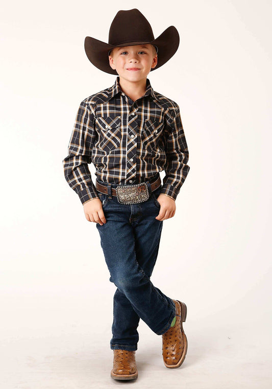 Roper Boys Long Sleeve Snap Navy Cream Gold Plaid Western Shirt - Roper - Flyclothing LLC