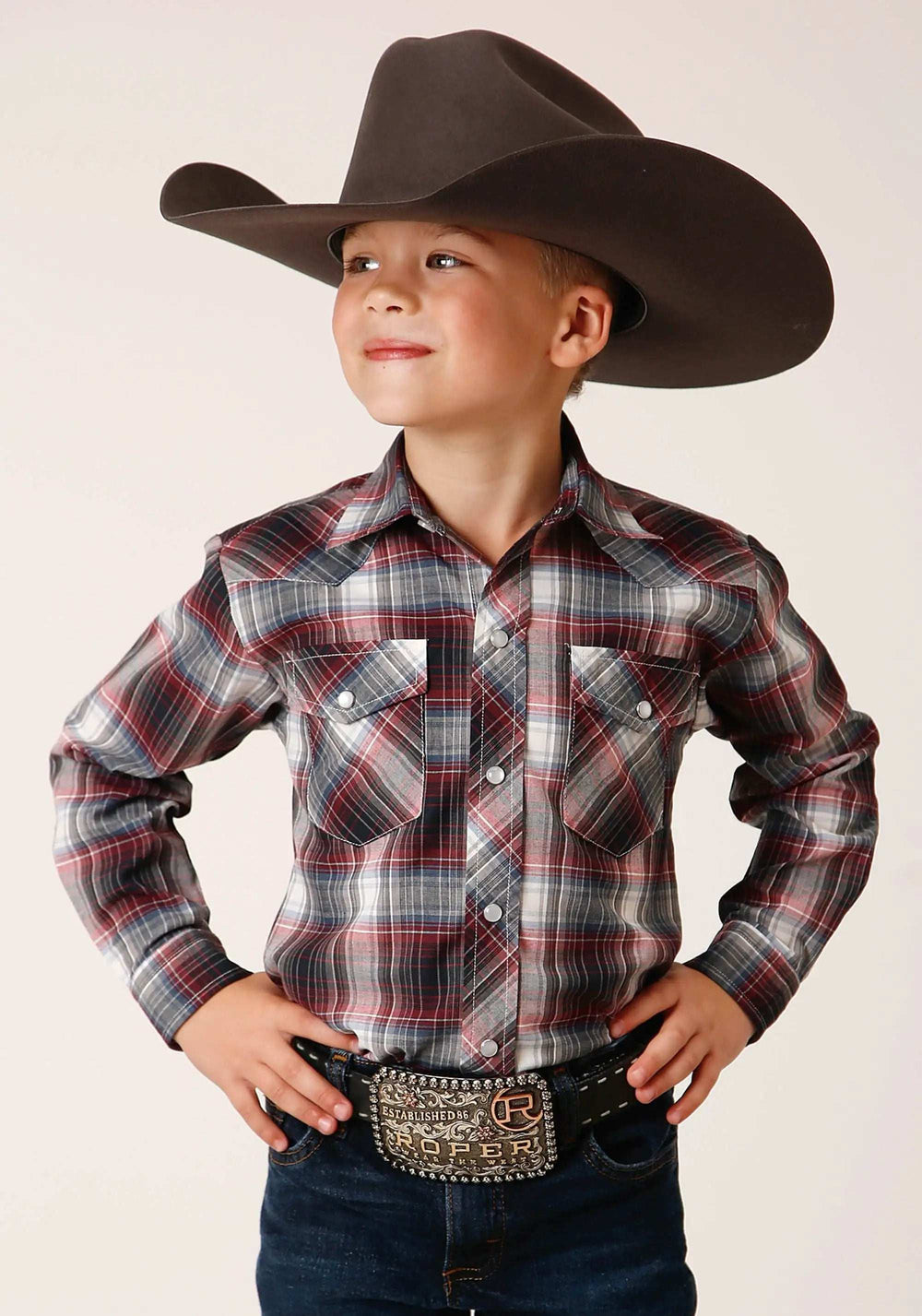 Roper Boys Long Sleeve Snap Red Black White Plaid Western Shirt - Roper - Flyclothing LLC