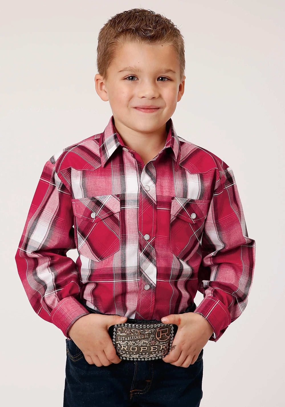 Roper Boys Long Sleeve Snap Red Black And White Plaid Western Shirt - Roper - Flyclothing LLC