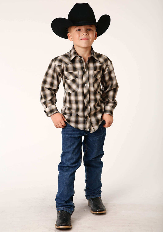 Roper Boys Long Sleeve Snap Black Cream And Olive Plaid Western Shirt - Roper - Flyclothing LLC
