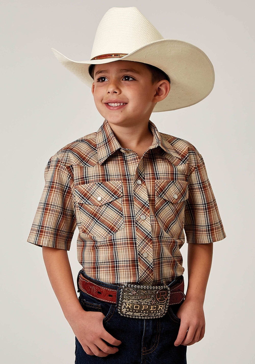 Roper Boys Short Sleeve Snap Brown Plaid Western Shirt - Roper - Flyclothing LLC