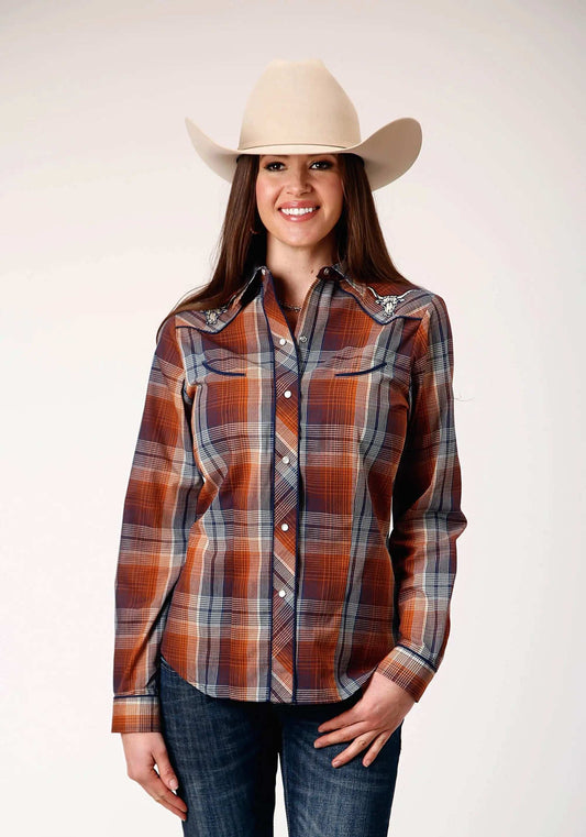 Roper Womens Long Sleeve Snap Brown Navy Cream Plaid Western Shirt With Piping And Embroidery On Yokes - Roper - Flyclothing LLC