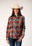 Roper Womens Long Sleeve Snap Brown Navy Cream Plaid Western Shirt With Piping And Embroidery On Yokes - Roper - Flyclothing LLC