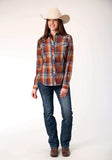 Roper Womens Long Sleeve Snap Brown Navy Cream Plaid Western Shirt With Piping And Embroidery On Yokes - Roper - Flyclothing LLC
