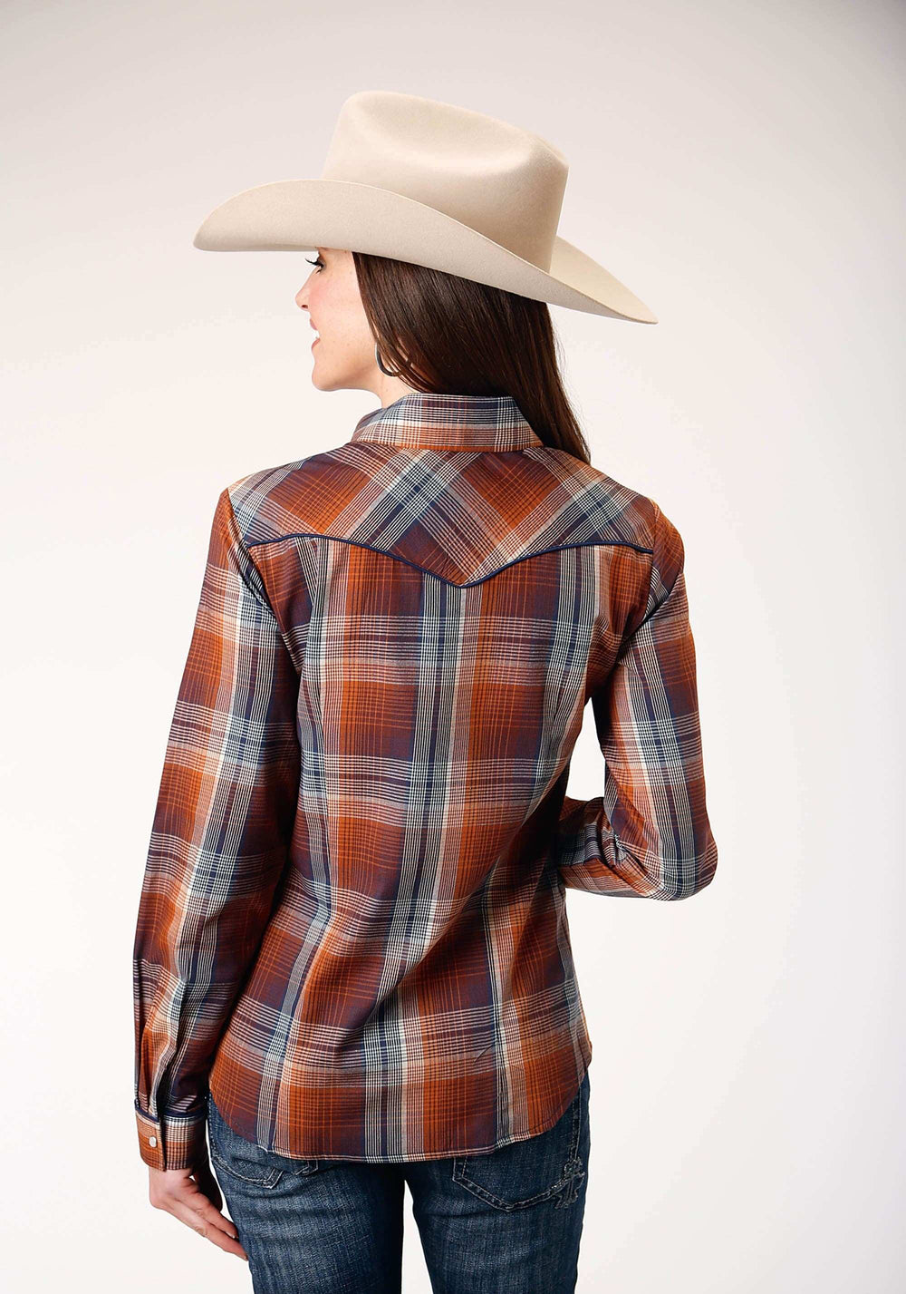 Roper Womens Long Sleeve Snap Brown Navy Cream Plaid Western Shirt With Piping And Embroidery On Yokes - Roper - Flyclothing LLC