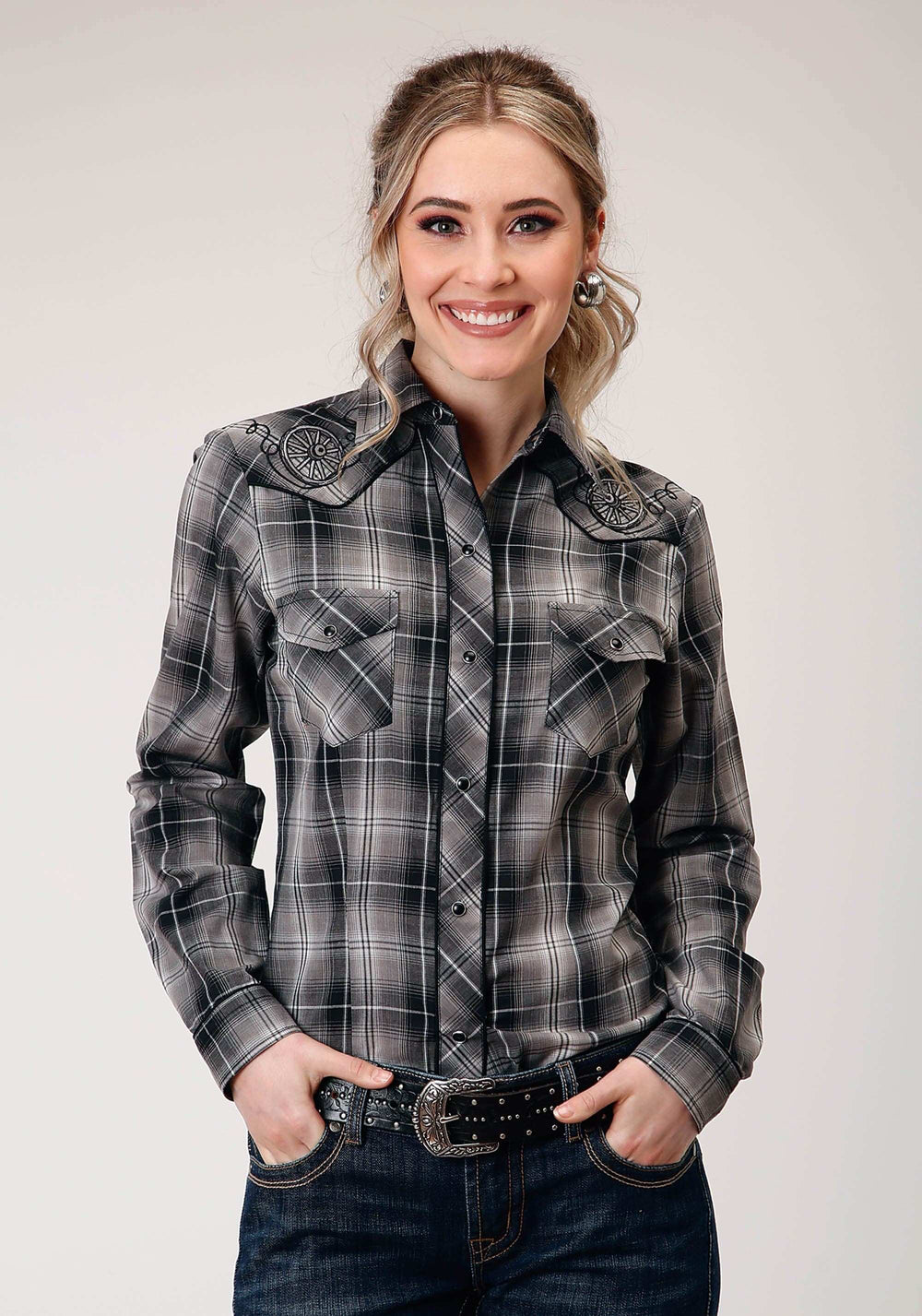 Roper Womens Long Sleeve Snap Black And Grey Plaid Western Shirt - Roper - Flyclothing LLC