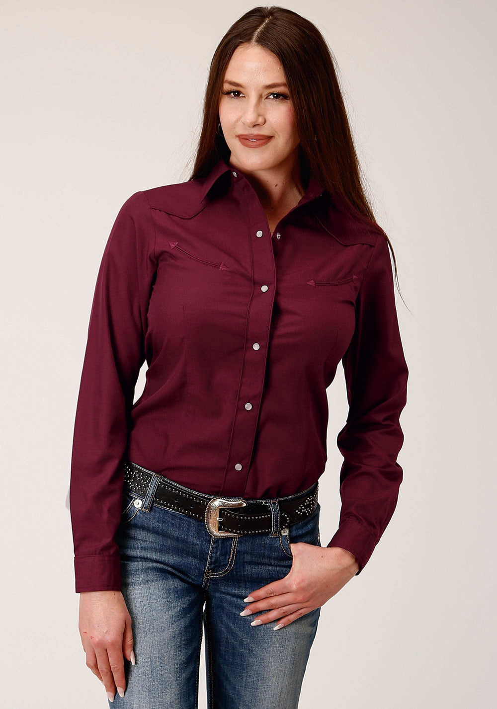 Roper Womens Long Sleeve Snap Solid Broadcloth Wine Western Shirt - Roper - Flyclothing LLC