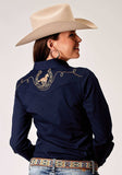 Roper Womens Long Sleeve Snap Solid Broadcloth Deep Navy Western Shirt With Embroidery On Back Yokes Smile Pockets - Roper - Flyclothing LLC
