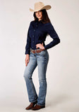 Roper Womens Long Sleeve Snap Solid Broadcloth Deep Navy Western Shirt With Embroidery On Back Yokes Smile Pockets - Roper - Flyclothing LLC