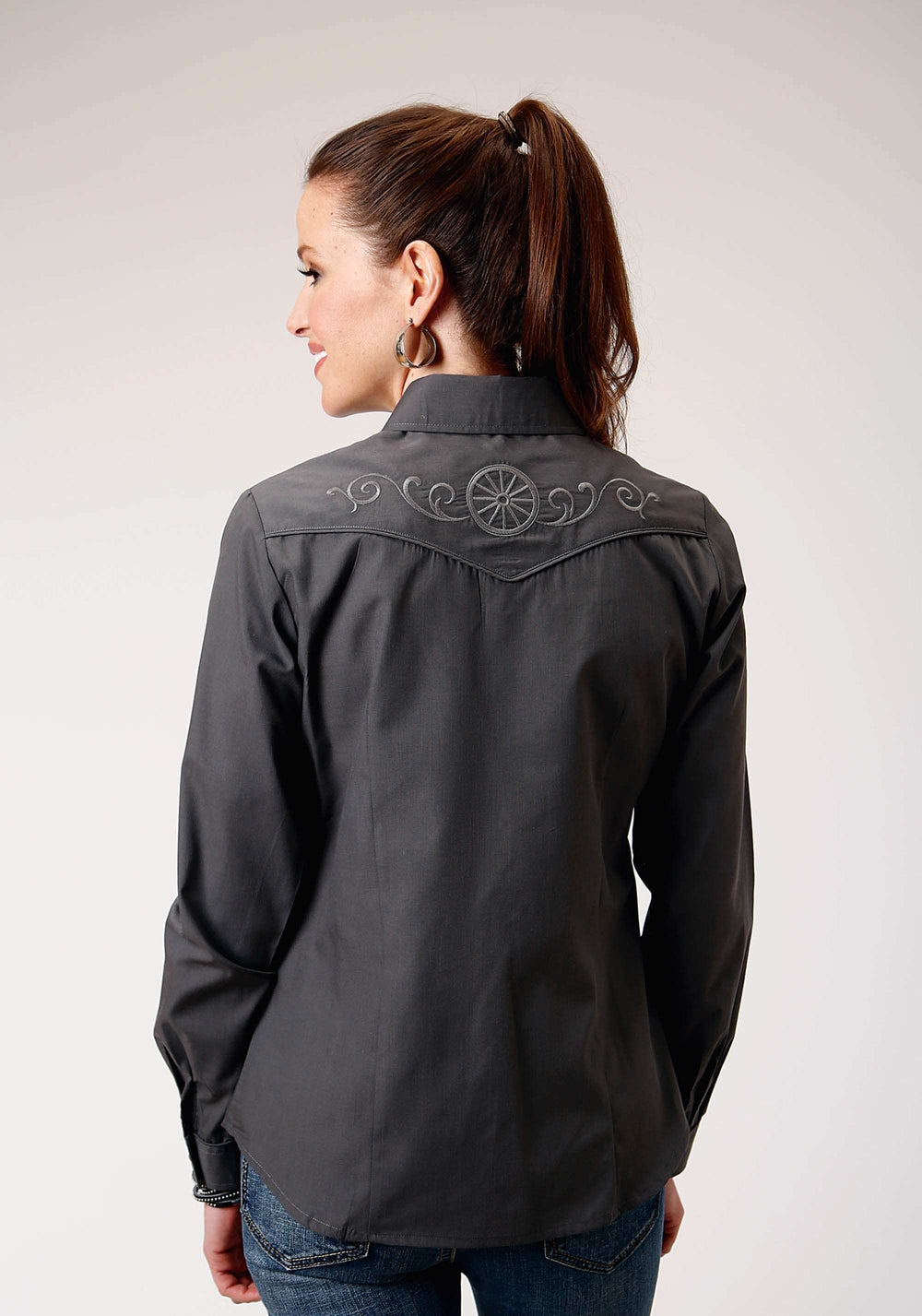 Roper Womens Long Sleeve Snap Dark Charcoal Grey Broadcloth Western Shirt With Self Piping And Embroidery On Yokes - Roper - Flyclothing LLC