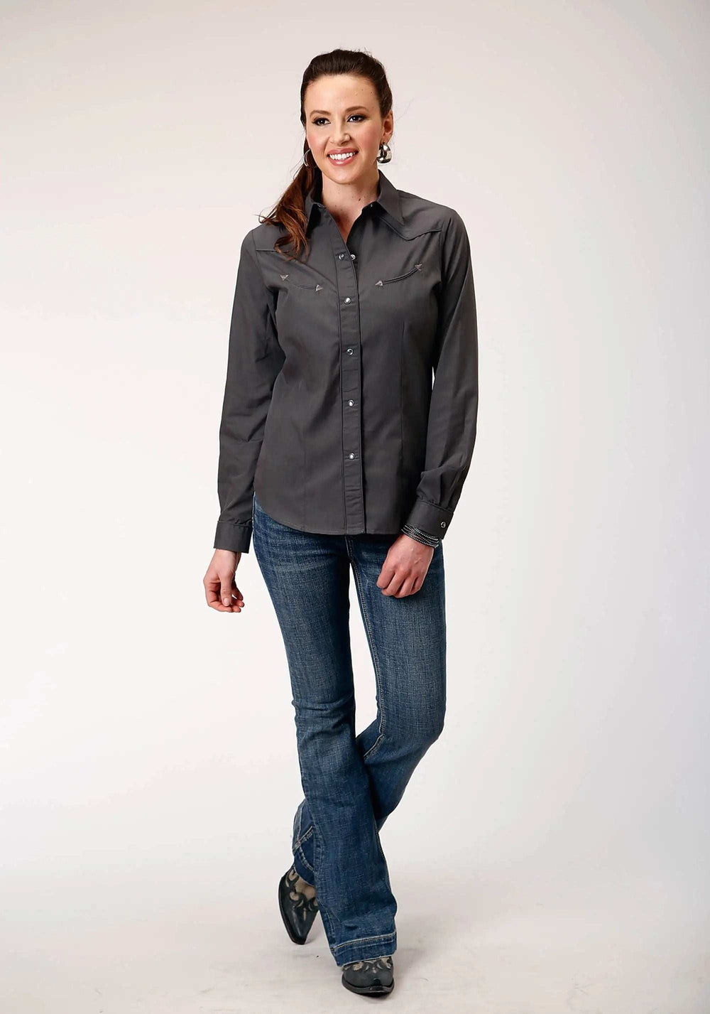 Roper Womens Long Sleeve Snap Dark Charcoal Grey Broadcloth Western Shirt With Self Piping And Embroidery On Yokes - Roper - Flyclothing LLC