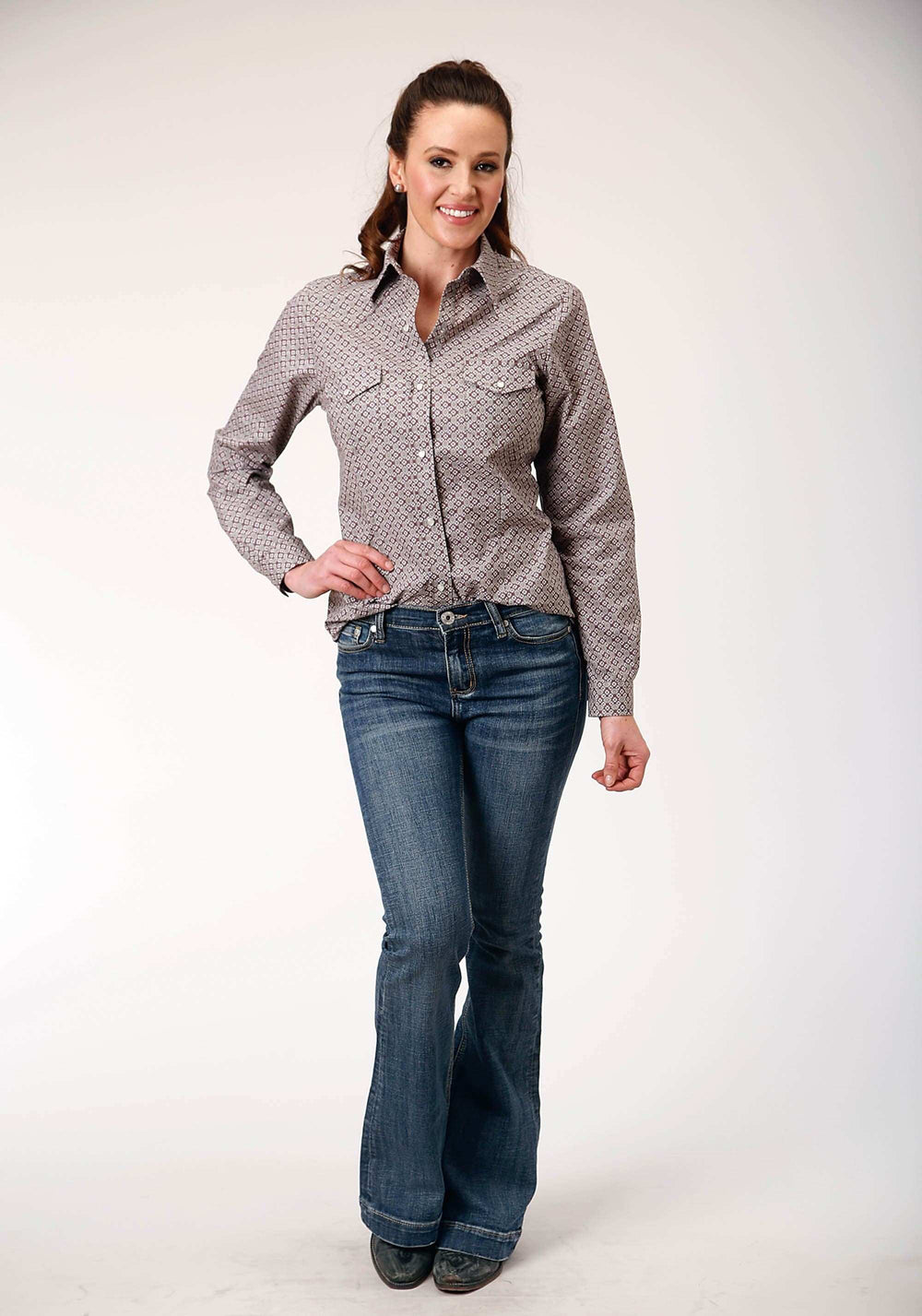 Roper Womens Long Sleeve Snap Wine Taupe Retro Print Western Shirt - Roper - Flyclothing LLC