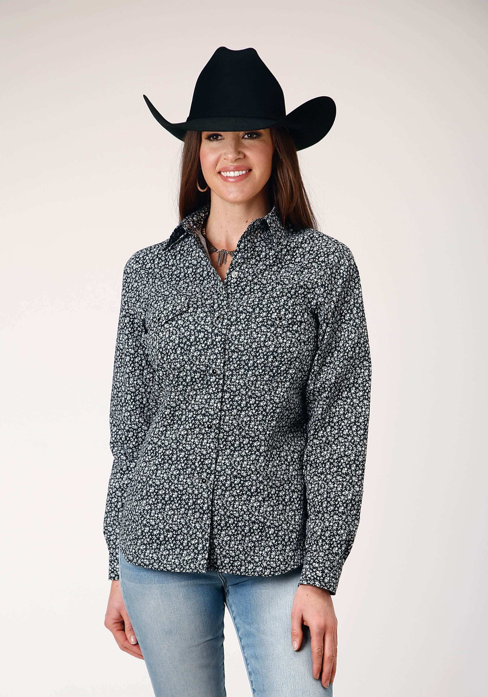 Roper Womens Long Sleeve Snap Black White Floral Print Western Shirt - Roper - Flyclothing LLC