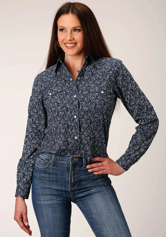 Roper Womens Long Sleeve Snap Navy And White Floral Print Western Shirt - Roper - Flyclothing LLC
