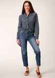 Roper Womens Long Sleeve Snap Navy And White Floral Print Western Shirt - Roper - Flyclothing LLC