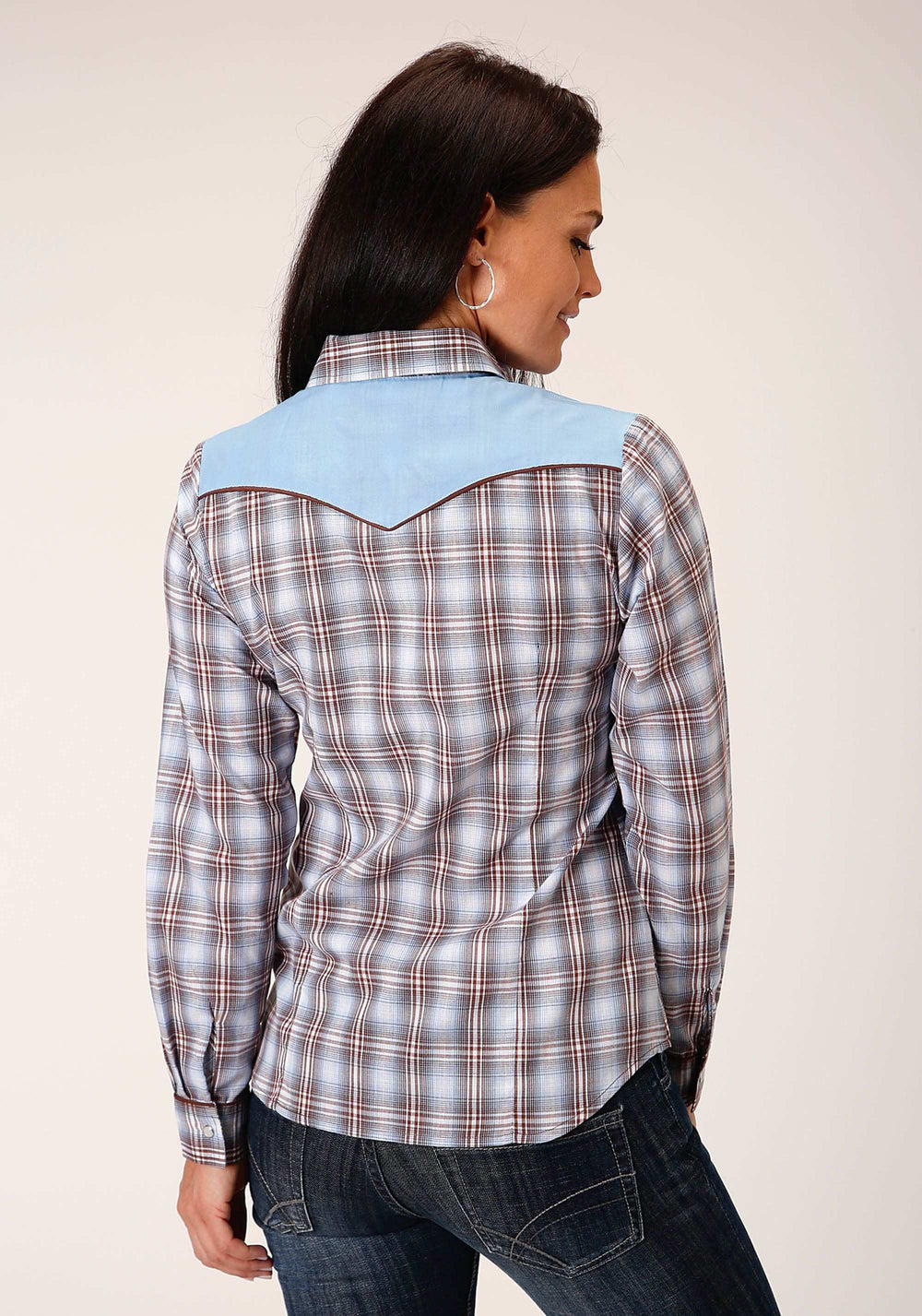 Roper Womens Long Sleeve Snap Light Blue Chocolate White Plaid Western Shirt - Roper - Flyclothing LLC