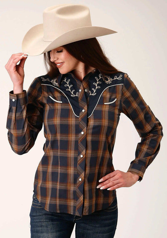 Roper Womens Long Sleeve Snap Navy And Brown Plaid Western Shirt - Roper - Flyclothing LLC