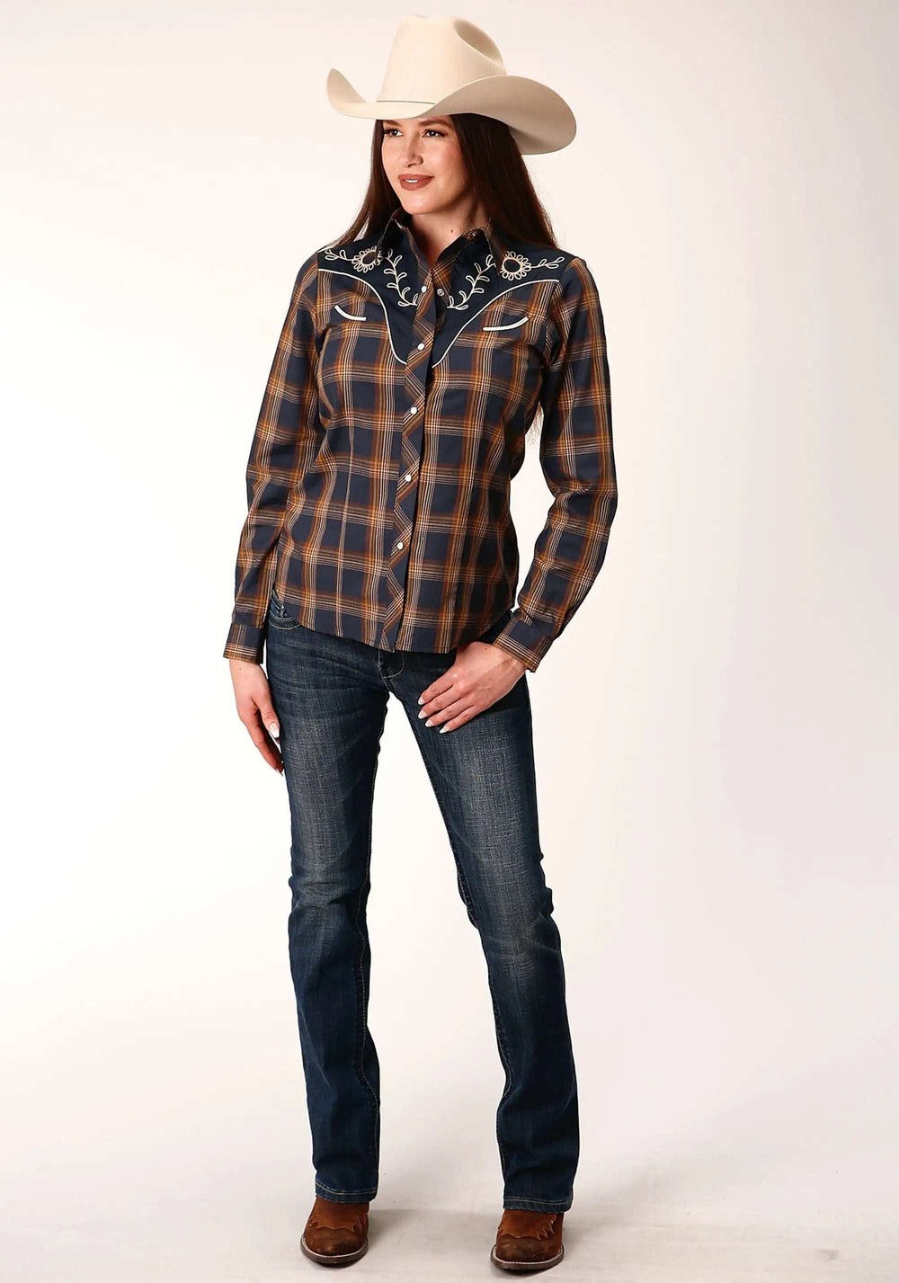 Roper Womens Long Sleeve Snap Navy And Brown Plaid Western Shirt - Roper - Flyclothing LLC