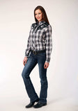 Roper Womens Long Sleeve Snap Black Aqua Grey Plaid Western Shirt With Piping And Applique On Yokes - Roper - Flyclothing LLC