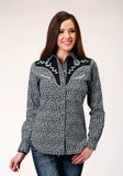 Roper Womens Long Sleeve Snap Black White Floral Print Western Shirt With Piping And Applique On Yokes - Roper - Flyclothing LLC