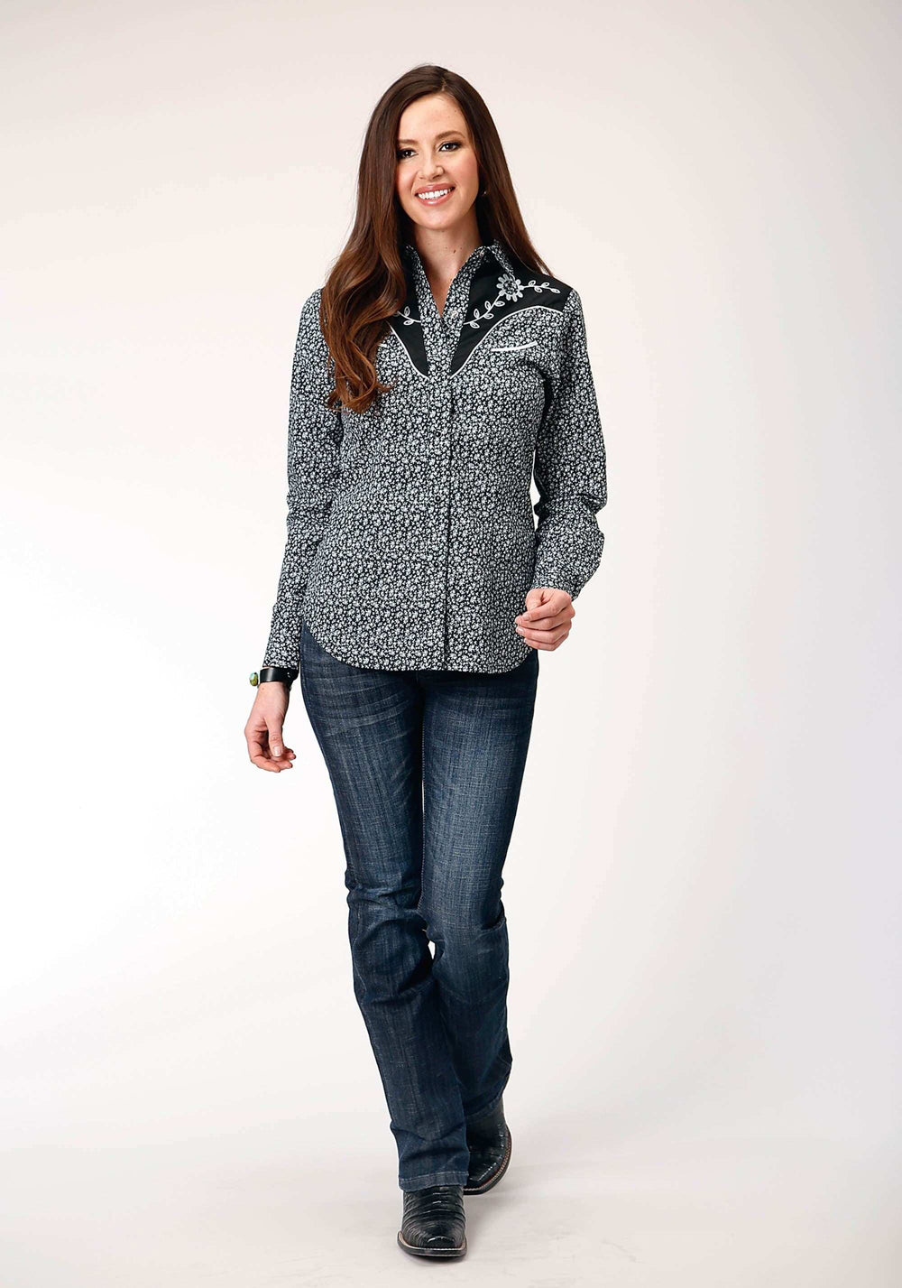 Roper Womens Long Sleeve Snap Black White Floral Print Western Shirt With Piping And Applique On Yokes - Roper - Flyclothing LLC